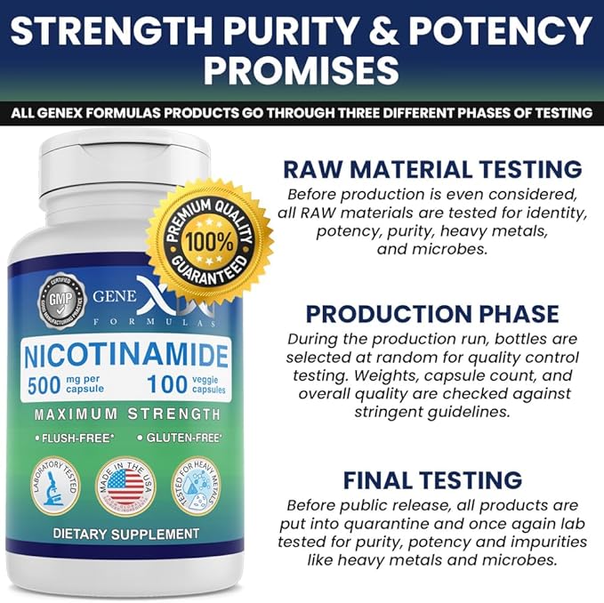 Genex Formulas - Nicotinamide 500mg Vitamin B3 Flush Free Niacin Capsules for Healthy Skin - Niacinamide Supplement Pills Help Produce Keratin & Support Skin Cell Health & Energy - (100 Capsules)