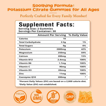 2 Pack Potassium Citrate Gummies – High Potency Potassium Supplement for Muscle Health, Leg Cramp Relief, Electrolyte Balance – Vegan, Non-GMO, Gluten-Free, Orange Flavor, 120 Count