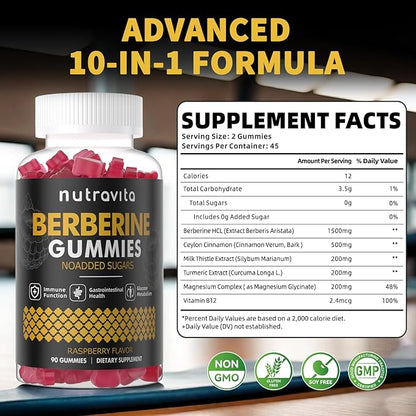 Berberine Gummies with Ceylon Cinnamon 1500mg High Potency Berberine HCL Supplement for Immune and Metabolism Support, Sugar Free Organic Berberine Gummies Raspberry Flavor-2PACK