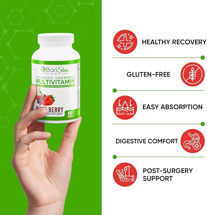BariSlim Advanced Chewable Bariatric Multivitamin Tablets - Bariatric Vitamin and Supplement for Post Bariatric Surgery Including Gastric Bypass & Gastric Sleeve | Mixed Berry (60 Count)
