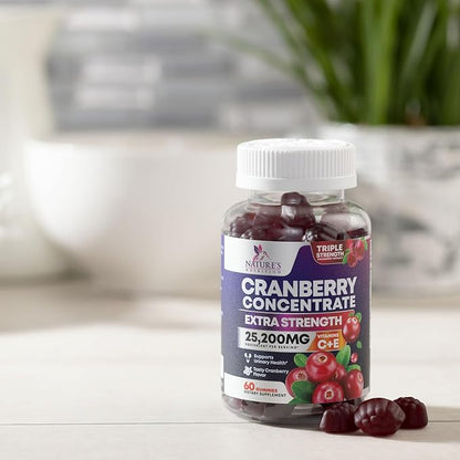Cranberry Supplement Gummies + Vitamin C - Made with 25,000mg 50:1 Cranberry Extract to Help Cleanse and Protect The Urinary Tract, Nature's Chewable Cranberry Pills for Women, Non-GMO - 60 Gummies