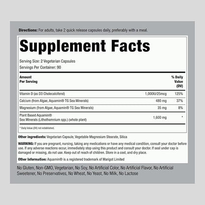 Piping Rock Red Mineral Algae | Vegetarian Calcium | 180 Capsules | Plant Based Plus Trace Minerals | Plus D3 1000 IU | Non-GMO, Gluten Free Supplement