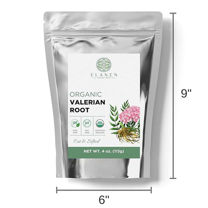 Elanen Naturals Organic Valerian Root 4 oz. (113g), USDA Certified Organic Valerian Root Herb Tea, Te De Valeriana Para Dormir, Valarian Officinalis Whole Loose Leaf, Cut & Sifted
