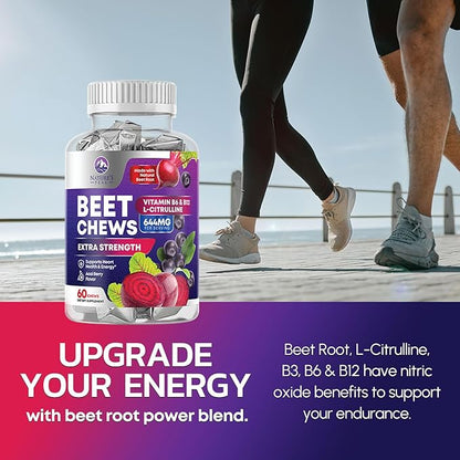 Beets Chews - Beet Root Gummies for Nitric Oxide Support, Superfood Beets Powder Soft Heart Chews, Grape Seed Extract & Non-GMO Beetroot Energy Supplement Supports Heart Health & Energy, 60 Soft Chews
