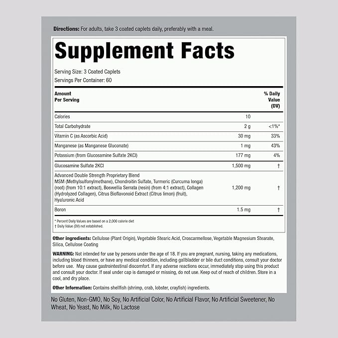 Piping Rock Glucosamine Chondroitin MSM Plus Turmeric | 180 Caplets | Double Strength Formula | Advanced Complex Supplement | Non-GMO, Gluten Free