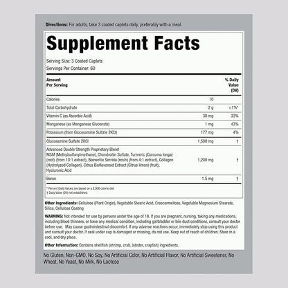 Piping Rock Glucosamine Chondroitin MSM Plus Turmeric | 180 Caplets | Double Strength Formula | Advanced Complex Supplement | Non-GMO, Gluten Free