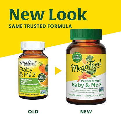 MegaFood Baby & Me 2 Prenatal Multi Vitamins - Prenatal Vitamins for Women with Choline, Methyl Folate & Iron, Vegetarian, Gluten-Free, Pre Natal Multivitamin for Women - 120 Tablets, 60 Servings