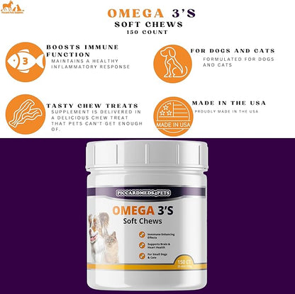 Skin & Coat Omega 3 Soft Chews for Small Dogs & Cats – Supports Healthy Skin, Shiny Coat, Joint Health & Immune Function – 150 Count