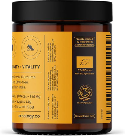 Erbology Organic Turmeric Powder 3.2 oz - 90 Servings - 5.5% Curcumin - No Additives or Preservatives - Sustainably Sourced Straight from Farm in India - Small Batch - Vegan - GMO-Free