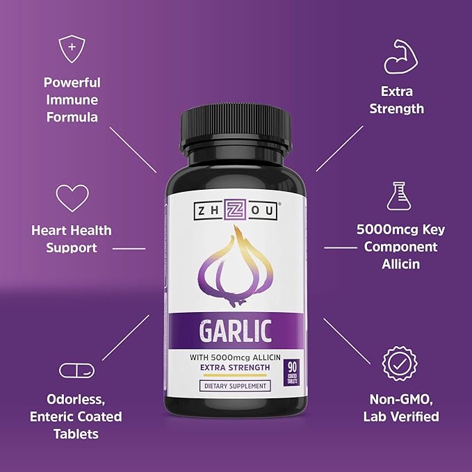 Zhou Garlic with Allicin - Garlic Supplements, Odorless Garlic Extract Pills for Men & Women, 5000 mcg Allicin Per Tablet for Immune & Heart Health - 90 Coated Tablets (Pack of 1)
