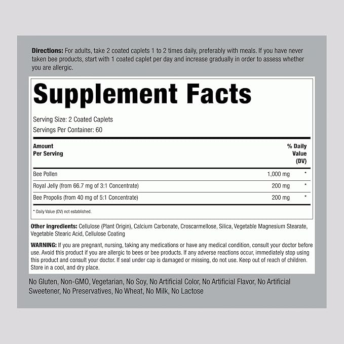 Piping Rock Bee Pollen Complex Capsules | 120 Caplets | Pills with Bee Propolis Plus Royal Jelly | Supplement for Men & Women | Non-GMO, Gluten Free