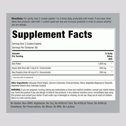 Piping Rock Bee Pollen Complex Capsules | 120 Caplets | Pills with Bee Propolis Plus Royal Jelly | Supplement for Men & Women | Non-GMO, Gluten Free