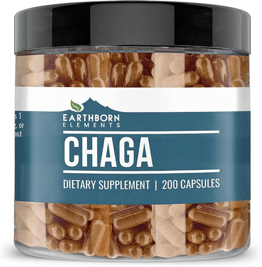 Earthborn Elements Chaga Mushroom Extract 200 Capsules, Pure & Undiluted, No Additives