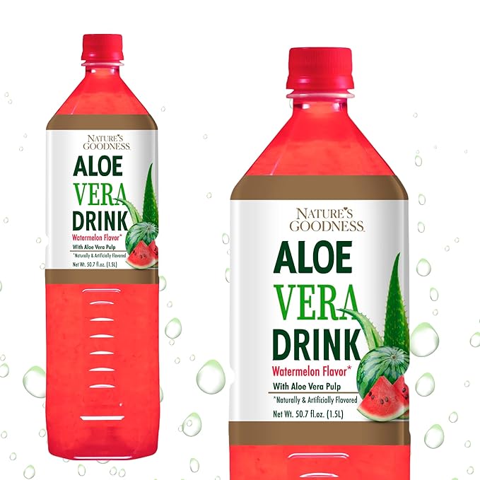 Nature's Goodness Aloe Vera Drink with Pulp Watermelon Flavor - 50.7 Fl Oz (1.5 L) - Refreshing Beverage with Real Aloe Vera Juice