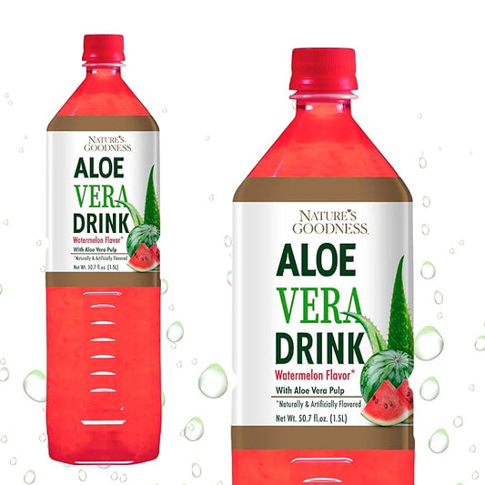 Nature's Goodness Aloe Vera Drink with Pulp Watermelon Flavor - 50.7 Fl Oz (1.5 L) - Refreshing Beverage with Real Aloe Vera Juice