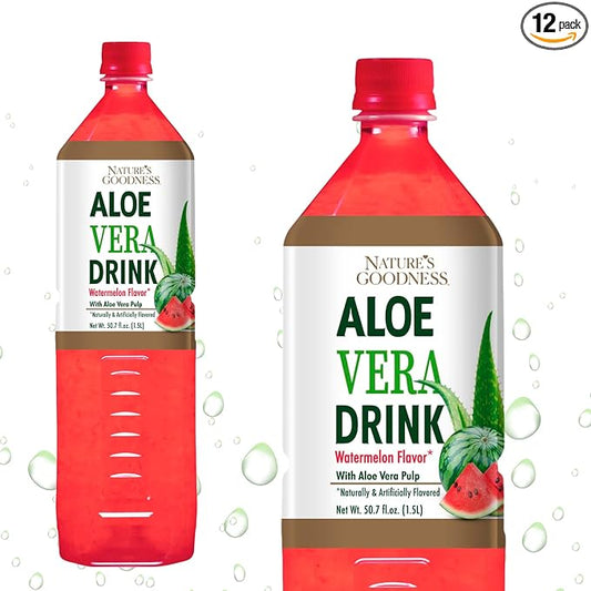 Nature's Goodness Aloe Vera Drink with Pulp Watermelon Flavor -12 Pack Case - 50.7 Fl Oz (1.5 L) Each - Total 18 Liters - Refreshing Beverage with Real Aloe Vera Juice