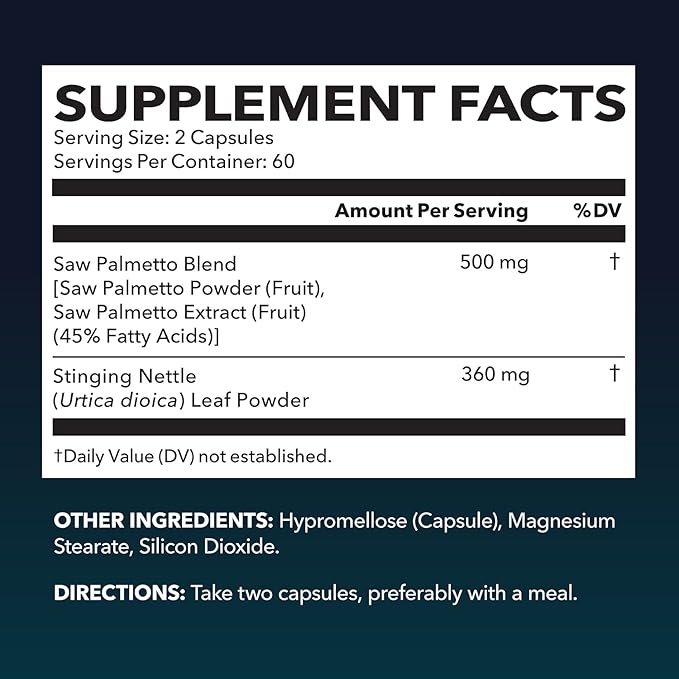 Saw Palmetto with Stinging Nettle Capsules - 2X Prostate Support Supplement for Men’s Health - 120 Count - DHT Blocker for Urinary Tract Function and Hair - Vegan, Non-GMO - 2 Month Supply
