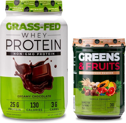 Nutrology Greens & Fruits Powder-Naturally Sourced Superfood, Vanilla Cinnamon (30 Servings) Grass Fed Whey Protein Powder, Creamy Chocolate Flavor (28 Servings)
