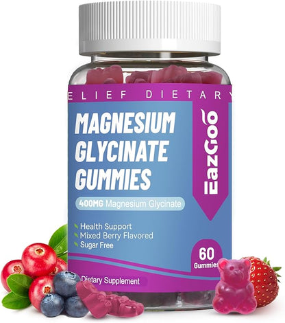 Magnesium Glycinate Gummies 400mg with L-Threonine 200mg - Sugar-Free Magnesium Potassium Supplement with Vitamin D, B6, CoQ10 for Muscle - 60 Mixed Berry Flavored Gummies