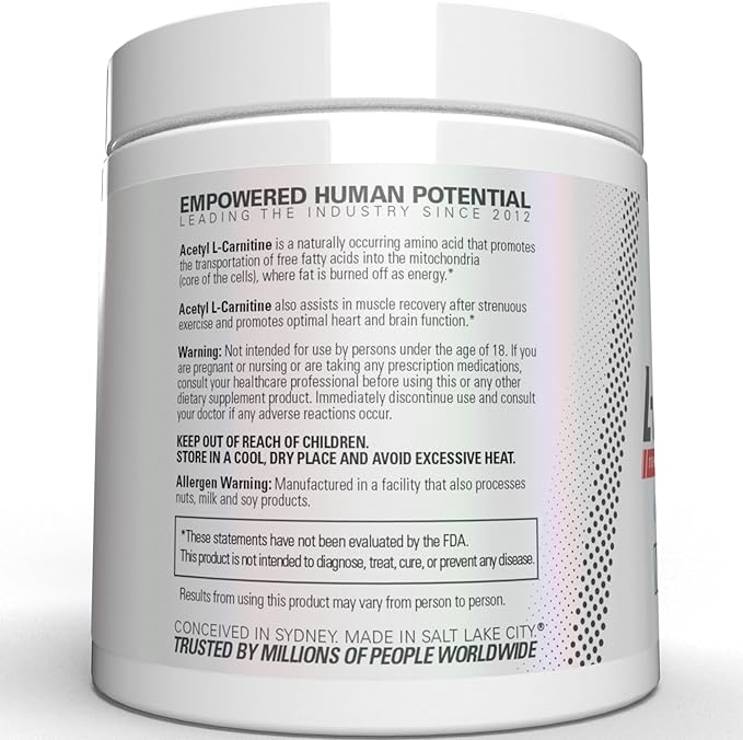 EHP Labs Acetyl L Carnitine Powder - Supports Natural Energy Production, Assists in Healthy Brain Function, Supports Heart Health, Vegan, Gluten Free, Non GMO - 100 Servings
