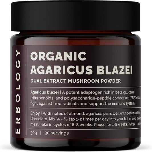 Erbology Organic Agaricus Blazei Dual Extract Powder 30 Servings - 23% Beta-glucans - Immunity and Heart - Small Batch - Sustainably Grown in Europe - Vegan - Non-GMO - No Added Fillers
