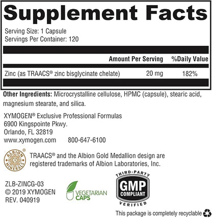 XYMOGEN Zinc Glycinate - 20mg Chelated Zinc Supplement - Zinc Bisglycinate Chelate for Enhanced Absorption - Mineral Supplement for Reproductive + Immune Support (120 Vegan Zinc Capsules)