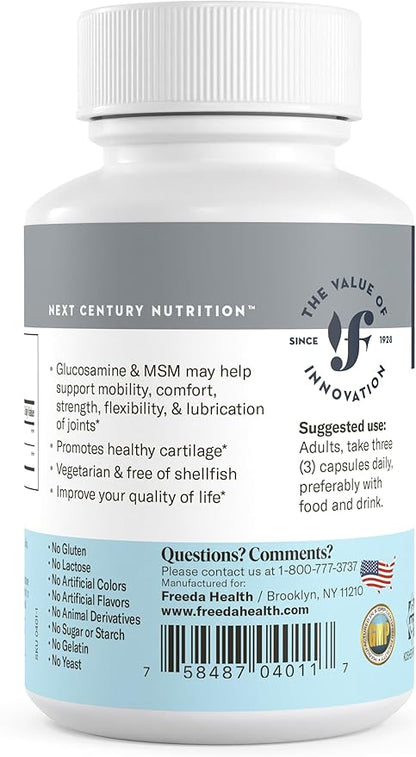 FREEDA Glucosamine MSM – Vegan Joint Flexibility & Mobility Supplement – Vegetarian Glucosamine Without Shellfish – Supports Joint Function – Third-Party Tested – (100 Capsules)