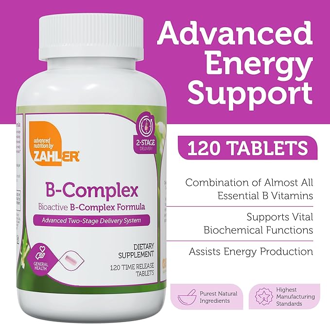 Zahler B-Complex Vitamins for Women & Men - Vitamin B Complex - B Vitamins Complex with B1 B2 B3 B5 B6 B7 B9 B12 - Advanced 2-Stage Delivery System - Gluten Free Kosher Non-GMO VIT B (120 Tablets)
