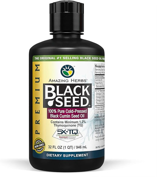 Amazing Herbs Premium Black Seed Oil - Cold Pressed Nigella Sativa Aids in Digestive Health, Immune Support, Brain Function, Joint Mobility, Gluten Free, Non GMO - 32 Fl Oz