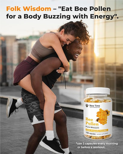 Bee Pollen – 100 Vegetarian Capsules with Propolis - Organic Multivitamin for Men, Women - Fermented Granules - Immune, Energy Support - Non GMO, Pregnancy Friendly