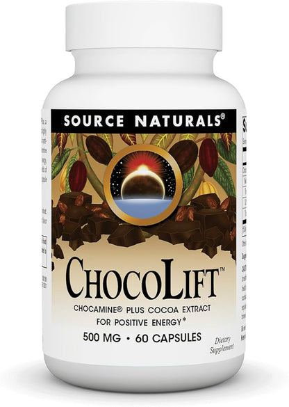 Source Naturals ChocoLift 500mg, Chocamine Plus Cocoa Extract for Positive Energy*, 500 mg - 60 Capsules
