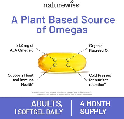 NatureWise Flaxseed Oil 1400 mg, Fish Free, High Potency Omega 3 with 812 mg ALA, Dietary Supplement for Heart Health Support - Organic, Cold Pressed, Non-GMO - 120 Softgels[120-Day Supply]