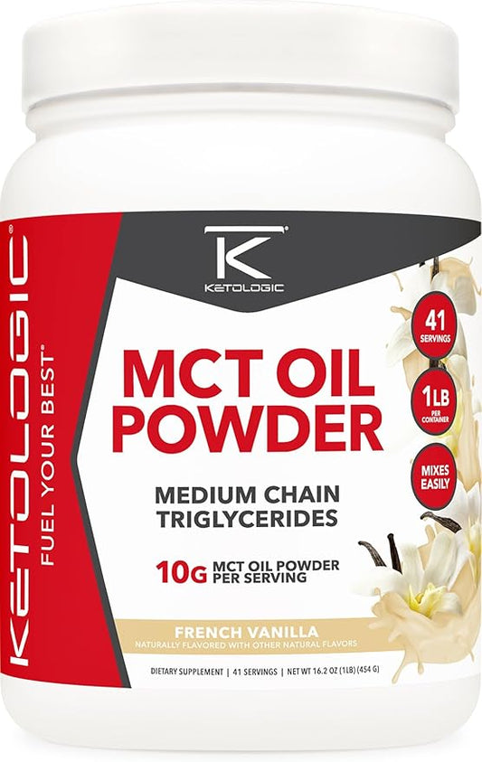 Ketologic MCT Oil Powder (1 LB) (French Vanilla) - 41 Servings, Medium Chain Triglycerides Powder Supplement