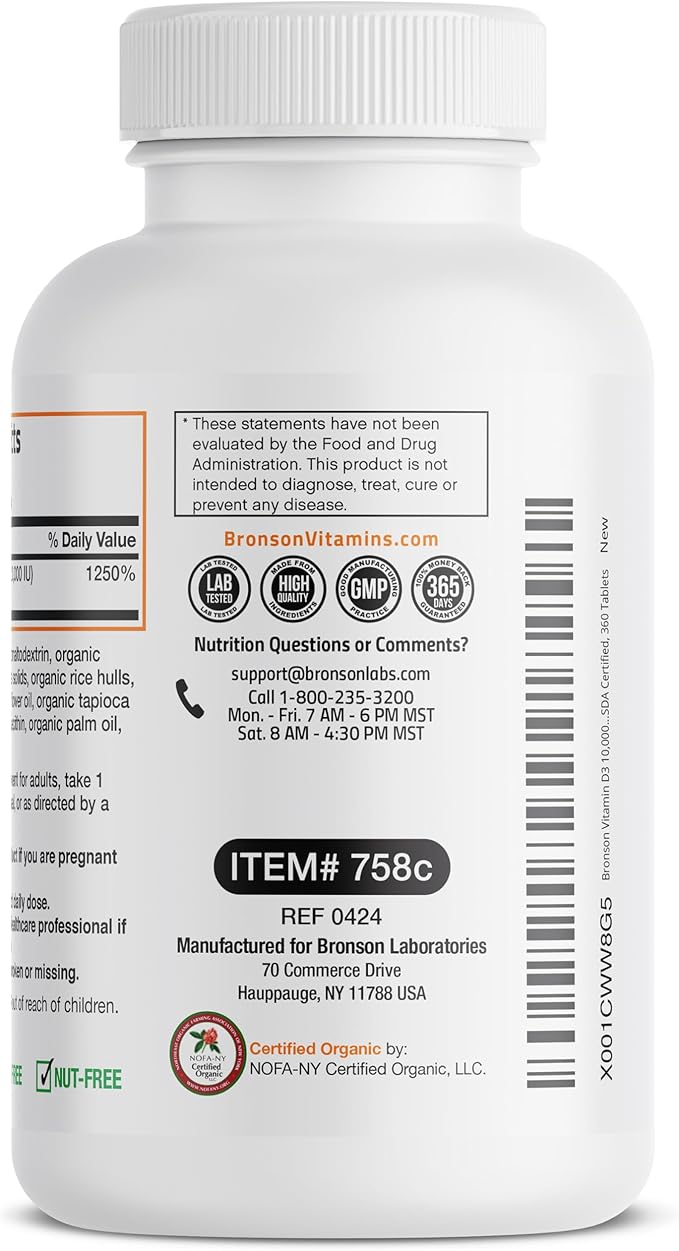 Bronson Vitamin D3 10,000 IU (250 mcg) Immune Support, Healthy Muscle Function & Bone Health, High Potency Organic Non-GMO Vitamin D Supplement, 360 Tablets