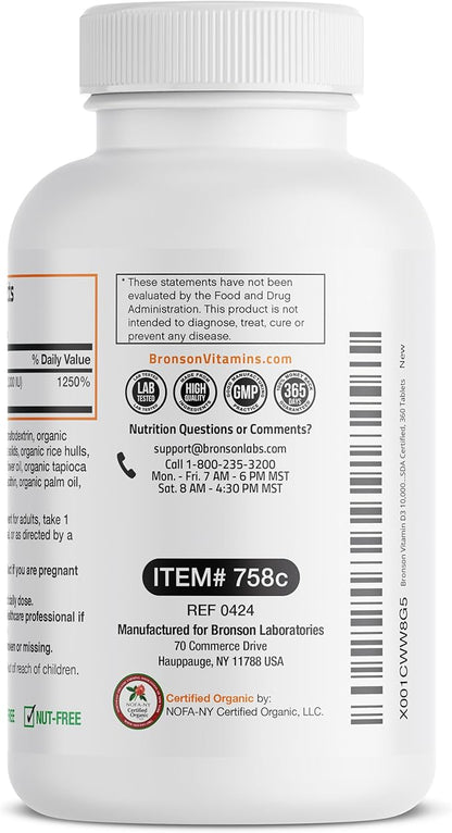 Bronson Vitamin D3 10,000 IU (250 mcg) Immune Support, Healthy Muscle Function & Bone Health, High Potency Organic Non-GMO Vitamin D Supplement, 360 Tablets