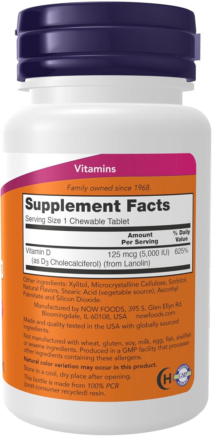 NOW Foods Supplements, Vitamin D-3 5,000 IU, Natural Mint Flavor, Structural Support*, 120 Chewables