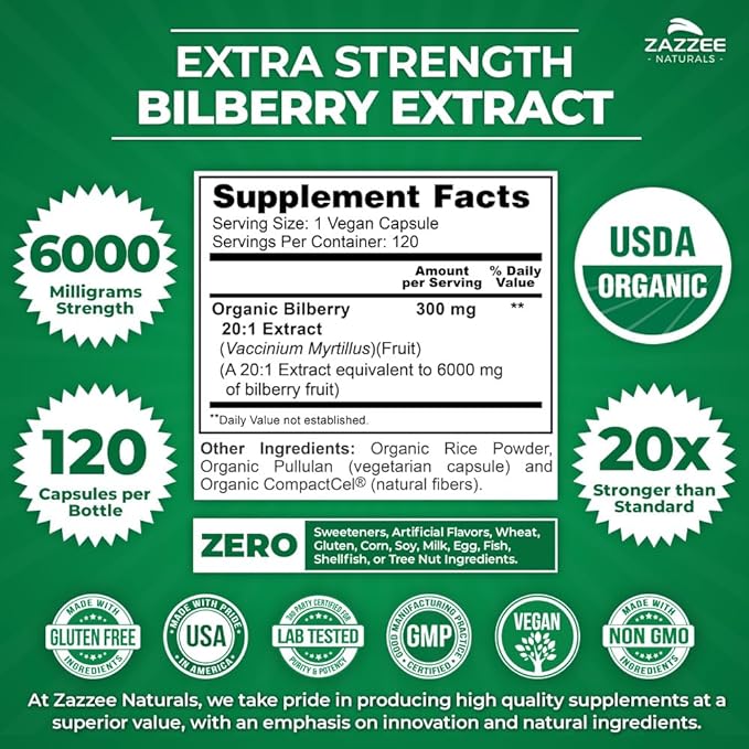 Zazzee USDA Organic Bilberry 20:1 Extract, 6000 mg Strength, 120 Vegan Capsules, 4 Month Supply, Standardized and Concentrated 20X Extract, 100% Vegetarian, All-Natural, Non-GMO, Made in The USA