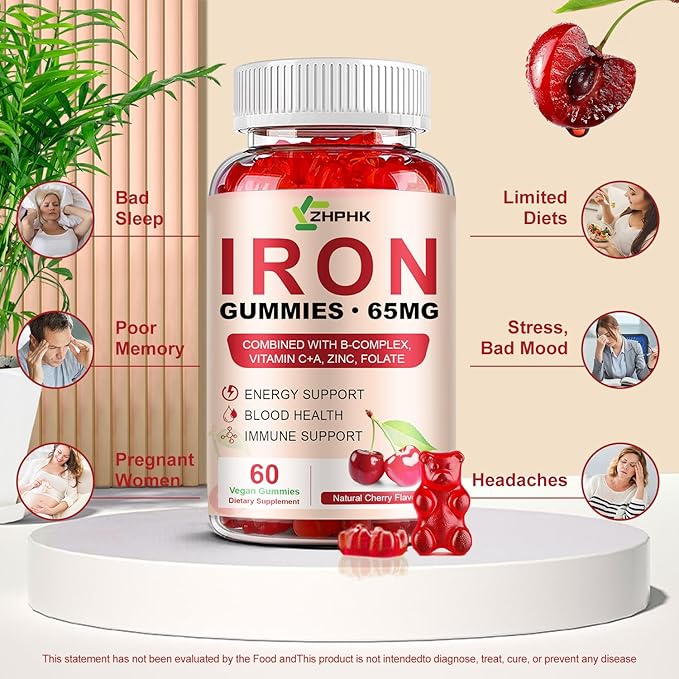 Iron Supplement for Women, Men & Kids, Iron 65mg & Vitamin C 250mg per Serving with B6 B12 Folate- Energy Support for Iron Deficiency, Anemia, Vegan Gummy Cherry Flavor, 60 Count