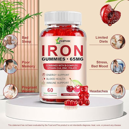 Iron Supplement for Women, Men & Kids, Iron 65mg & Vitamin C 250mg per Serving with B6 B12 Folate- Energy Support for Iron Deficiency, Anemia, Vegan Gummy Cherry Flavor, 60 Count