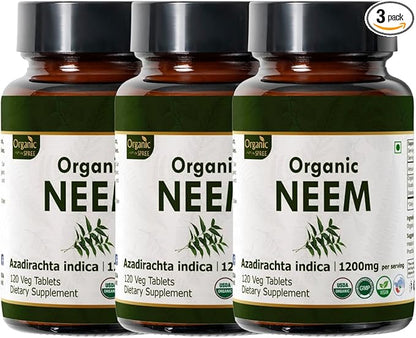 NEEM 120 Tablets | Azadirachta Indica (Neem) | USDA Organic Certified | Healthy Skin and Detox | Organic and Natural 120tab - Pack of 3
