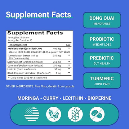 ProBalance Women’s Probiotic 68B CFU – Menopause Bloat & Belly Support with Turmeric & Moringa – Joint & Digestive Health – Same Formula as Premium Brands – 60 Capsules