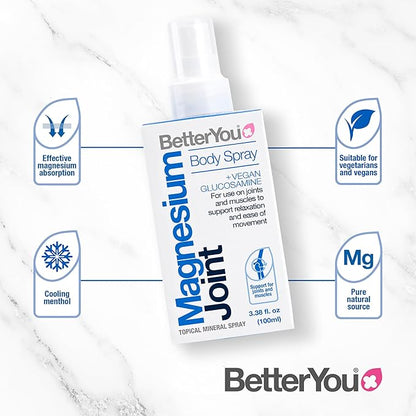 BetterYou Magnesium Joint Body Spray - Muscle Relief Spray - Topical Magnesium Chloride and Glucosamine - Cooling Menthol and Eucalyptus - 3.38 oz
