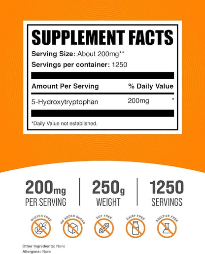 BulkSupplements.com 5-HTP Powder - 5-Hydroxytryptophan, 5 HTP Supplement - 5-HTP 200mg, Mood Support Supplement - Gluten Free, 200mg per Serving, 250g (8.8 oz) (Pack of 1)