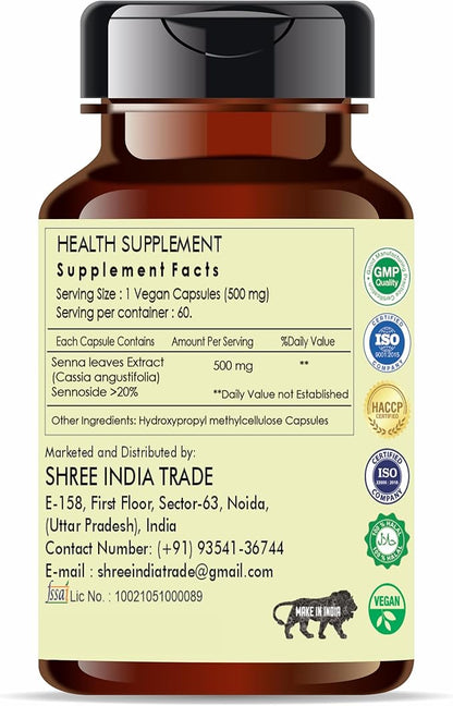 Senna Extract 500mg - 60 Vegetarian Capsules | Cassia Agustifolia | All Natural | 100% Vegan | Gluten-Free | GMP Certified.