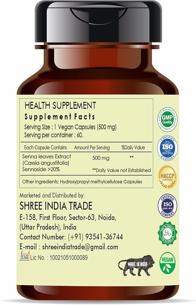 Senna Extract 500mg - 60 Vegetarian Capsules | Cassia Agustifolia | All Natural | 100% Vegan | Gluten-Free | GMP Certified.