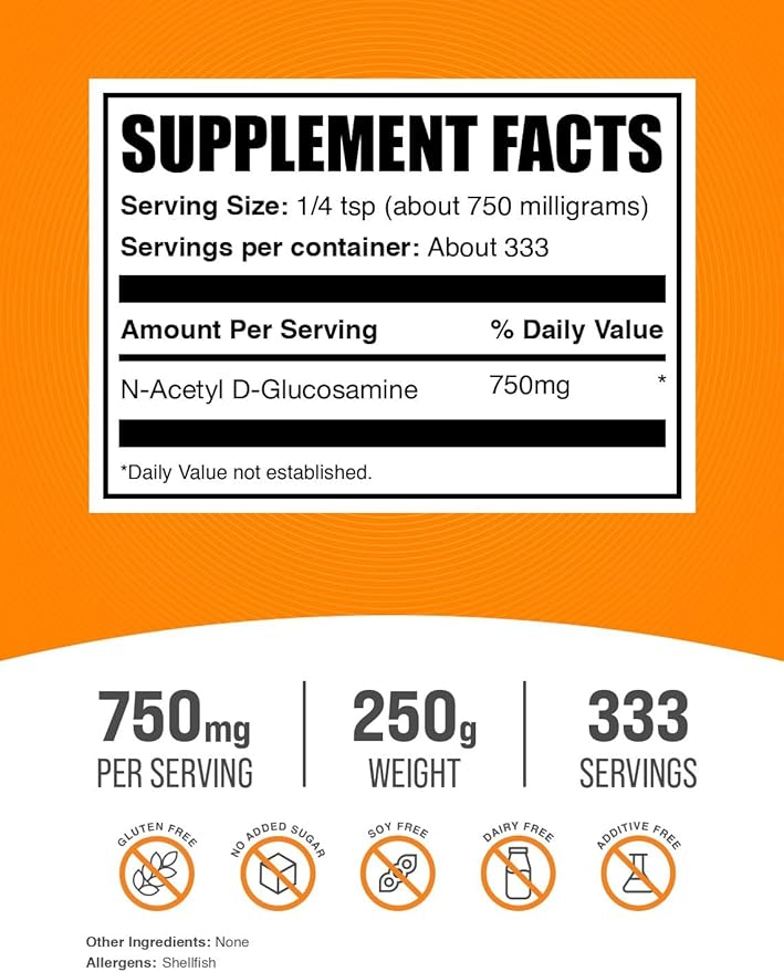 BulkSupplements.com N-Acetyl Glucosamine Powder - NAG Powder, Glucosamine 750mg, Glucosamine Supplement - Gluten Free, 750mg of per Serving, 250g (8.8 oz) (Pack of 1)