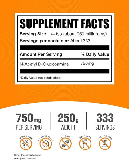 BulkSupplements.com N-Acetyl Glucosamine Powder - NAG Powder, Glucosamine 750mg, Glucosamine Supplement - Gluten Free, 750mg of per Serving, 250g (8.8 oz) (Pack of 1)