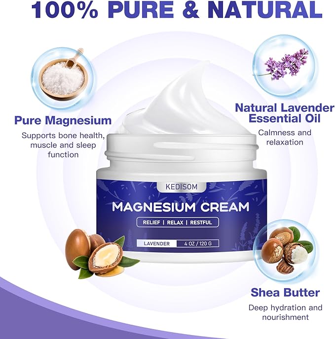 Magnesium Cream for Sleep 4Oz - Soothing Magnesium Lotion for Muscle Relaxation, Nighttime Cream Lavender, Topical Deep Hydration Shea Butter, Safe for Kids & Adults