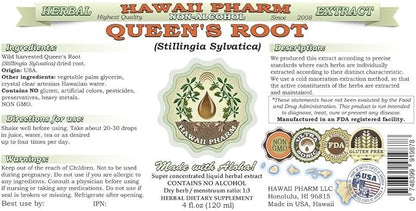 Queen's Root Alcohol-Free Liquid Extract, Queen's Root (Stillingia Sylvatica) Dried Root Glycerite Natural Herbal Supplement, Hawaii Pharm, USA 4 fl.oz