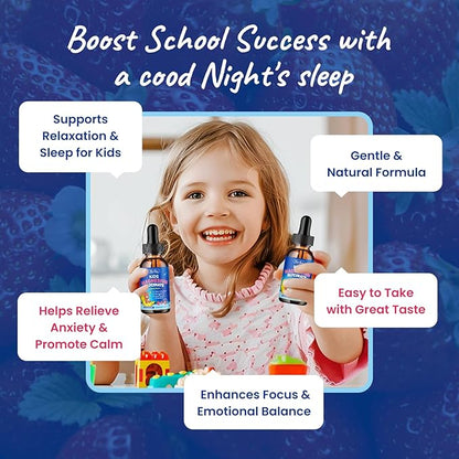 Magnesium Glycinate Liquid for Kids - with L-Theanine Omega-3, Vitamin B6, D3, Zinc - Kids Magnesium Drops for Sleep, Relaxation, Calm & Focus - 2 Fl Oz, Strawberry Flavor